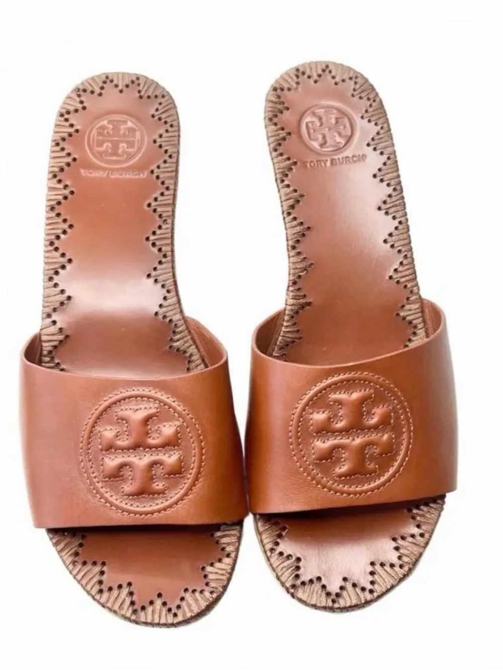 Tory Burch Tan Leather Logo Slide Mules
